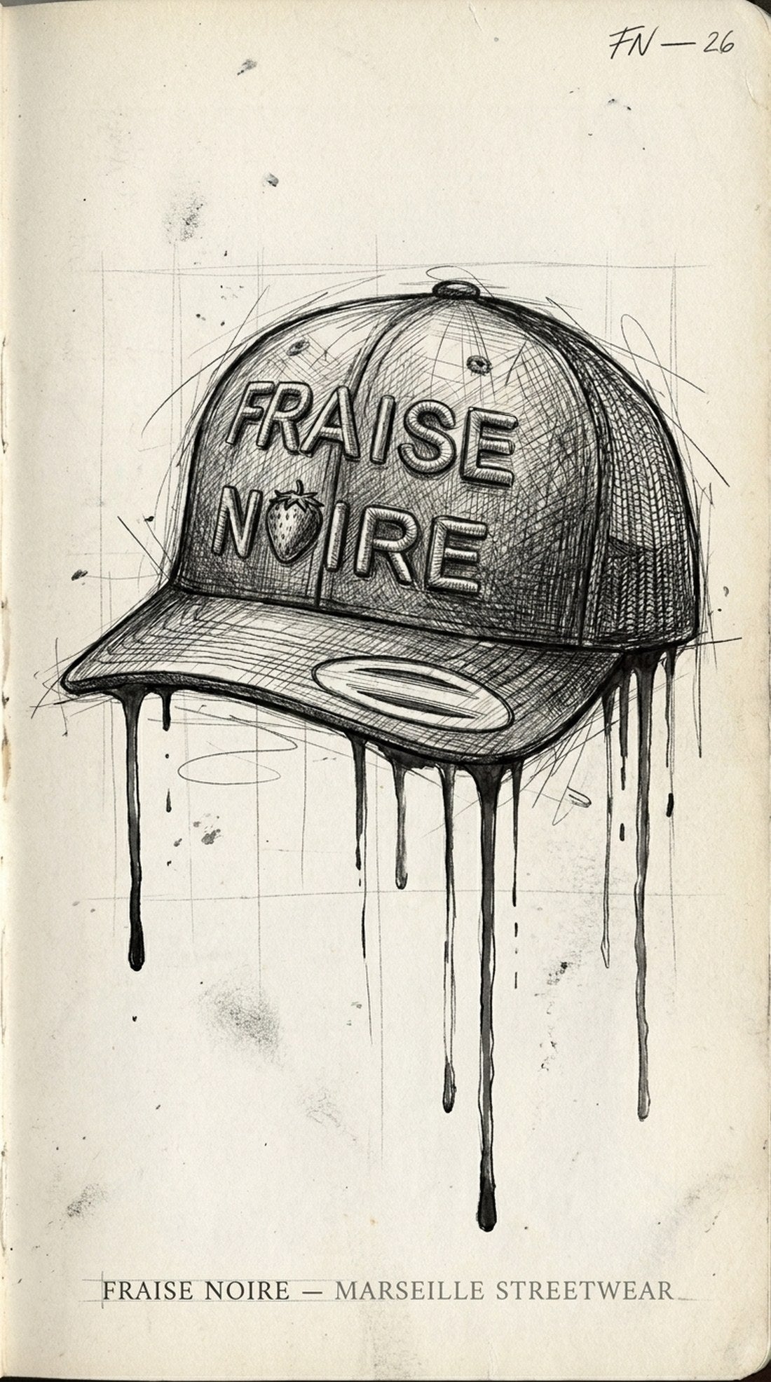 Croquis &agrave; l'encre de la casquette Fraise Noire, page de carnet