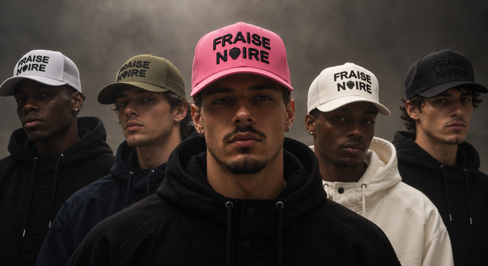 La crew Fraise Noire — cinq casquettes brodées