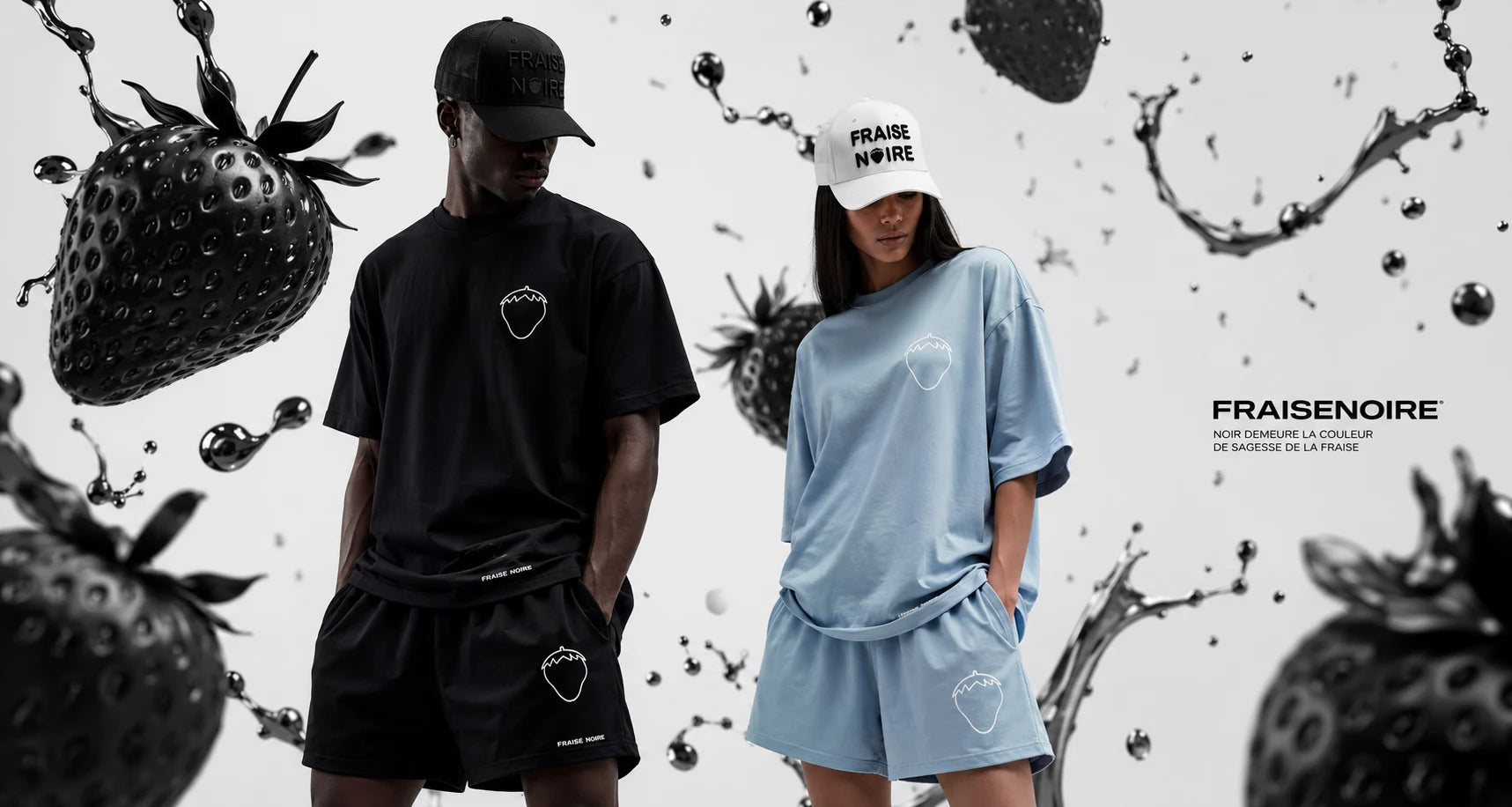Mannequins Fraise Noire en ensembles brodés, fraises noires et chrome